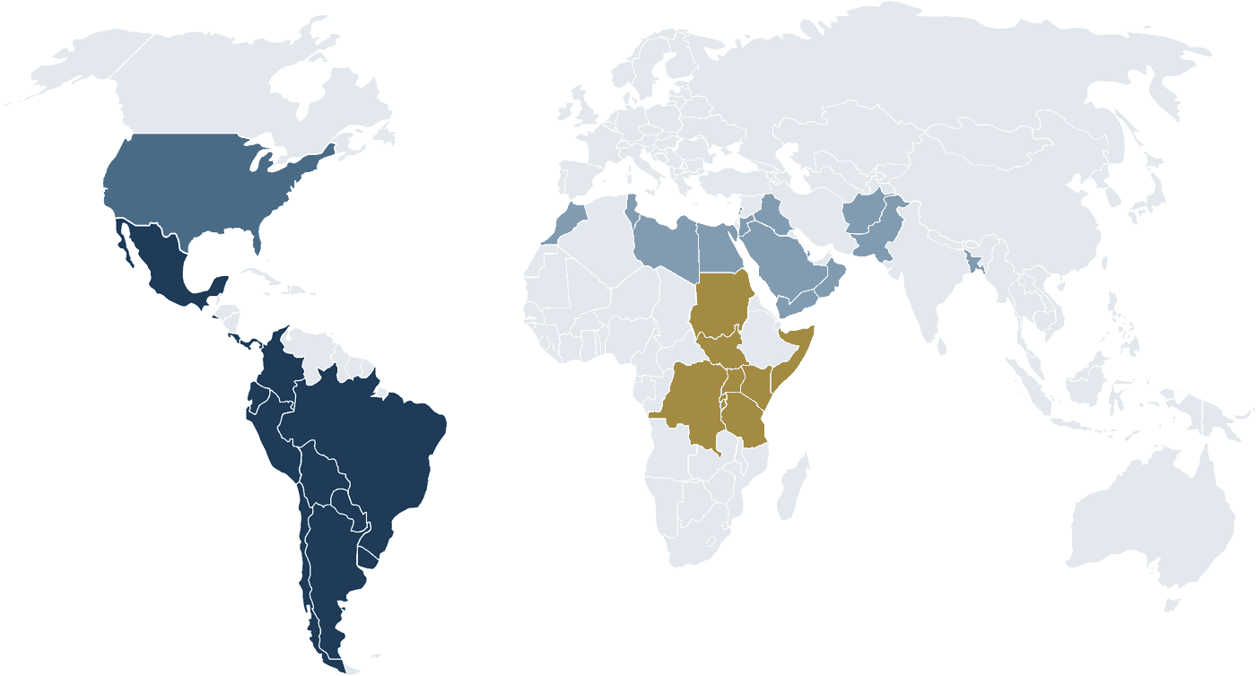 World map showing the countries involved through HFA's regional hubs in
                North America, Latin America, the Middle East and North Africa, and East
                Africa.